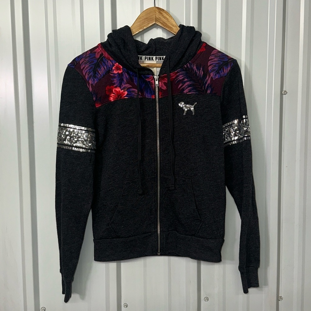 Victoria’s Secret Pink Floral Tropical Sequin Bling Hoodie Sweatshirt Women XS